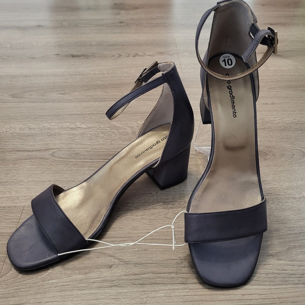 Alto Gradimento Dark Blue Leather Block Heel Ankle Strap Sandals‎ Women 10 EU 41